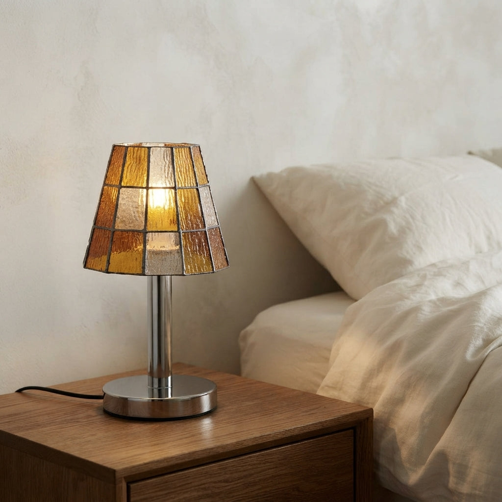 Lampe à poser en verre vitrail style Tiffany ambré Damier