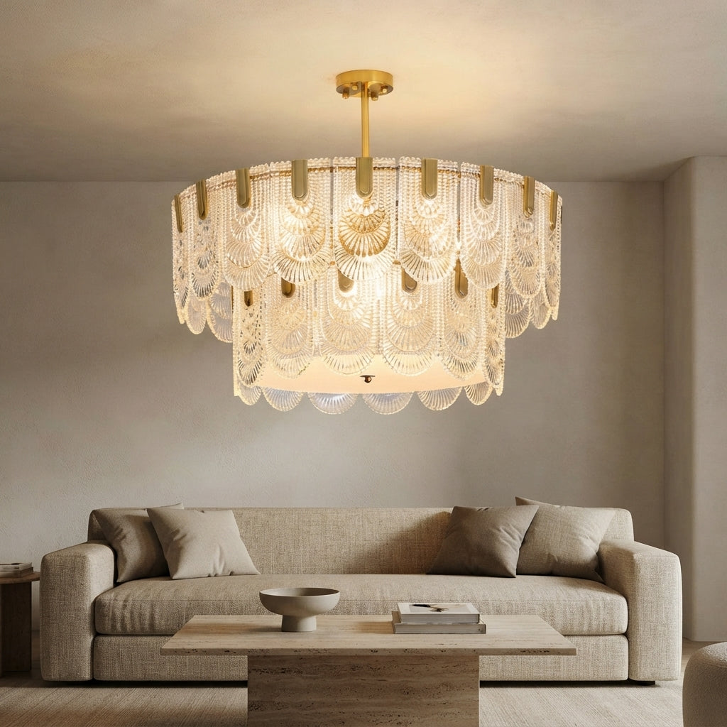 Lustre en verre à deux étages festonnés Dentelle – mise en situation (visuel d’ambiance)