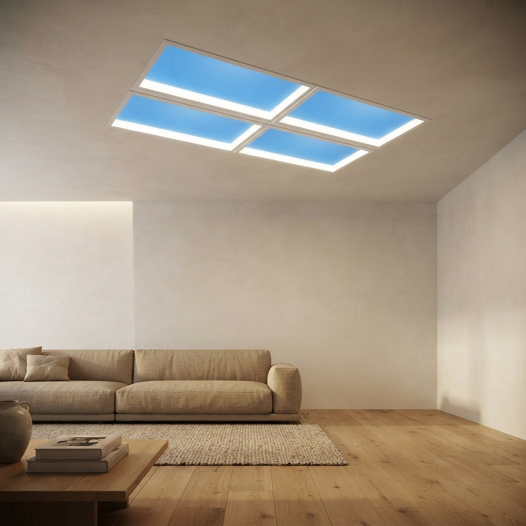 Plafonnier effet ciel bleu quatre panneaux Empyrée – mise en situation (visuel d’ambiance)