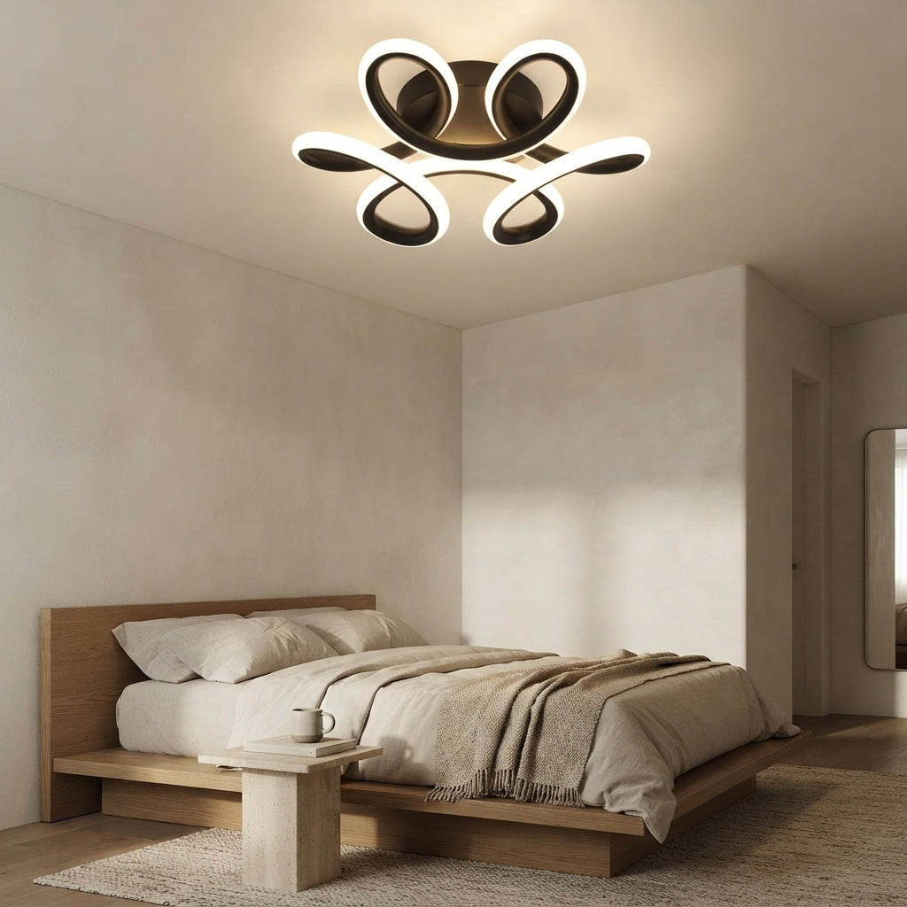 Plafonnier courbes lumineuses en acrylique noir Ruban – mise en situation (visuel d’ambiance)