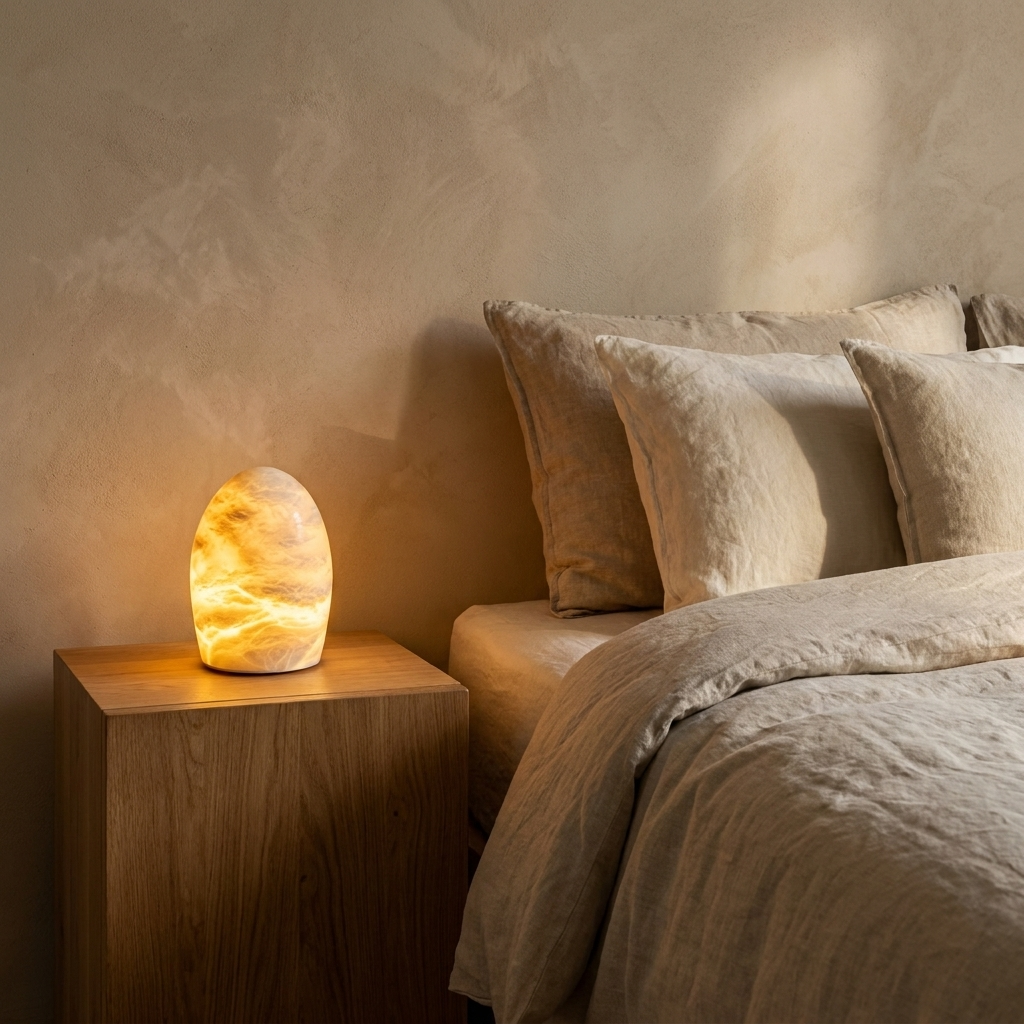 Lampe à poser œuf en albâtre sans fil rechargeable Éclosion – mise en situation (visuel d’ambiance)
