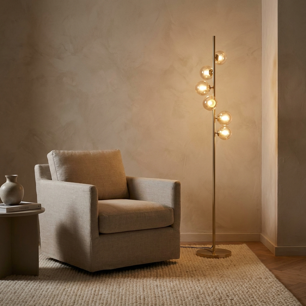 Lampadaire en métal doré à six points lumineux Tonda – mise en situation (visuel d’ambiance)