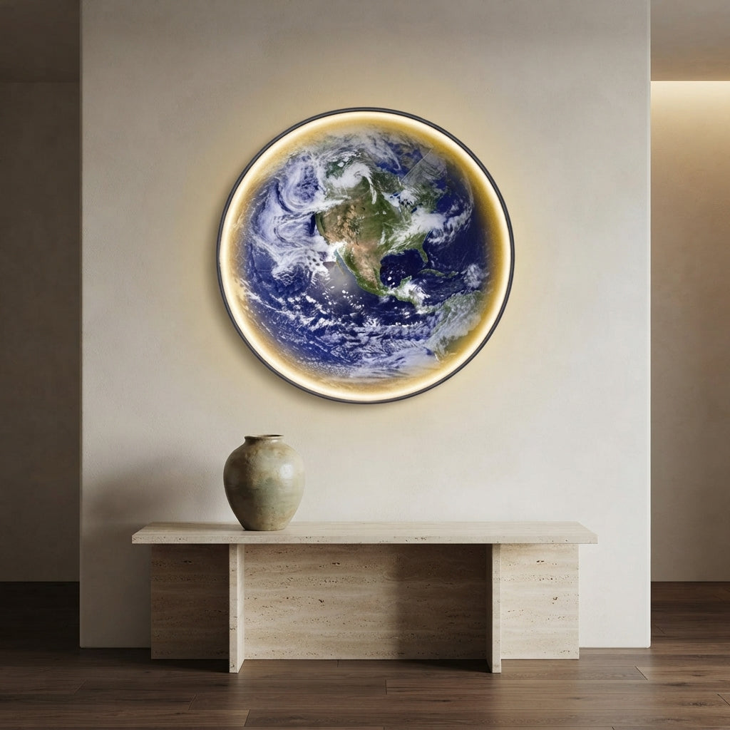 Applique murale ronde motif Terre halo doré Atmosphère – mise en situation (visuel d’ambiance)