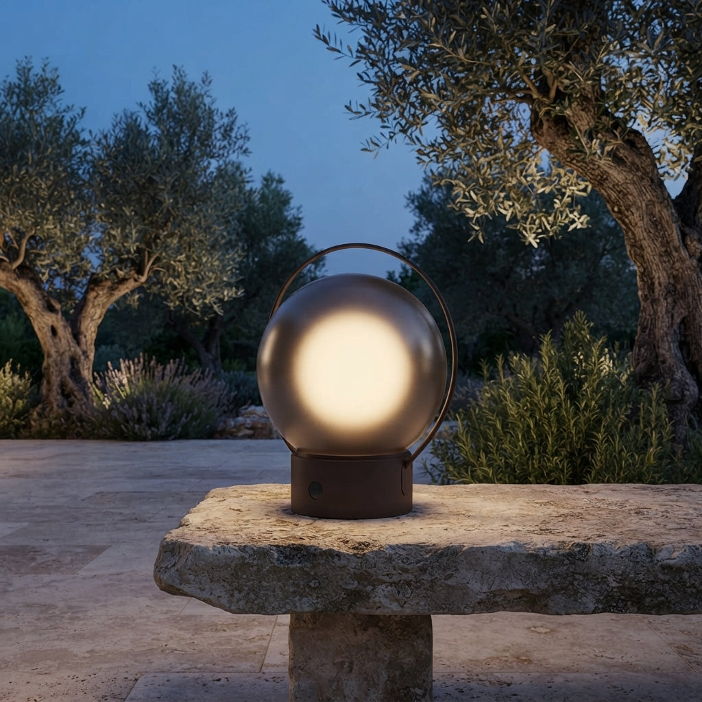 Lampe à poser globe fumé à anse marron IP54 Corvo – mise en situation (visuel d’ambiance)