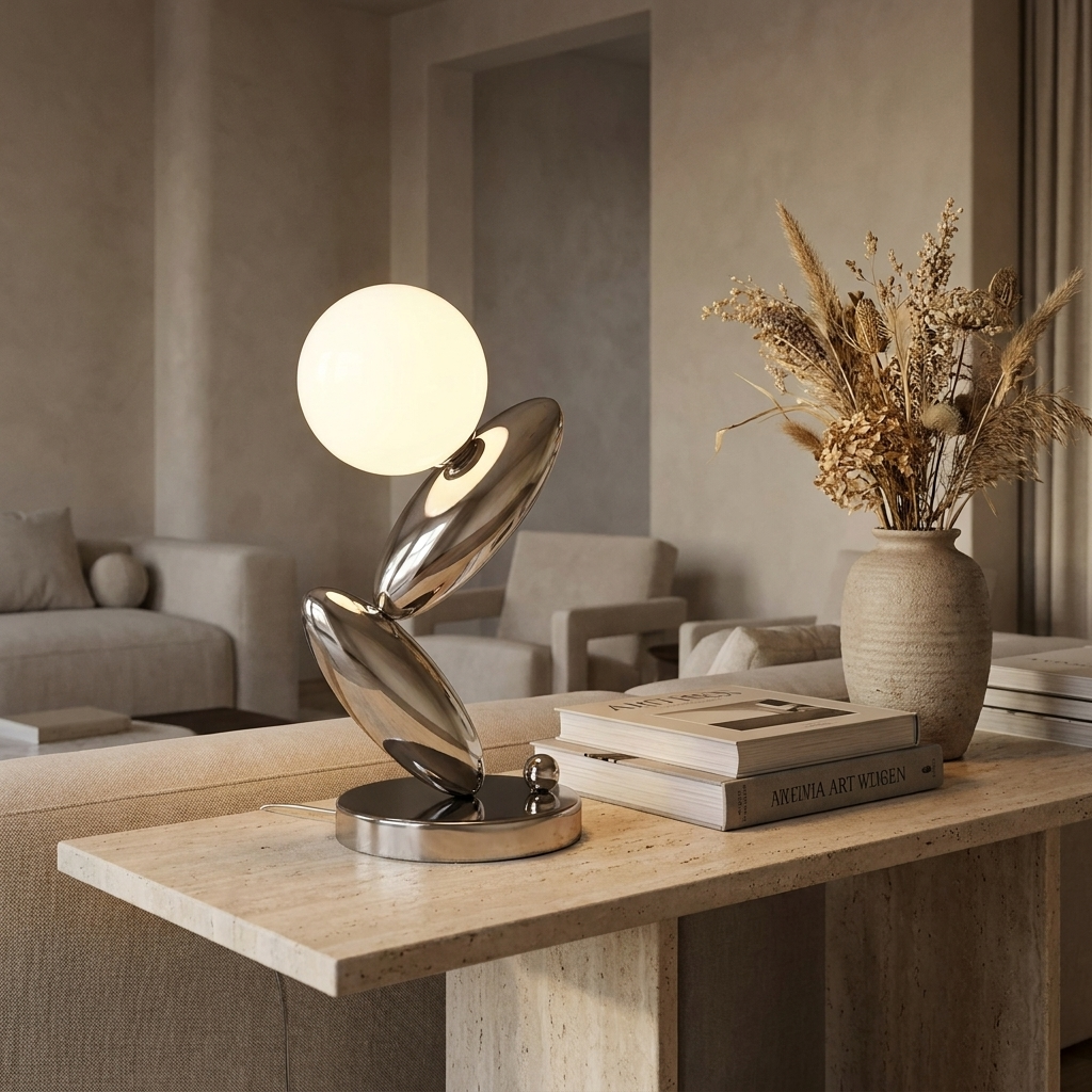 Lampe à poser sculpturale en métal platine Duna – mise en situation (visuel d’ambiance)