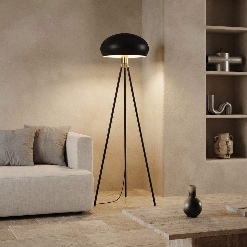 Lampadaire trépied noir abat-jour soucoupe Hémisphère