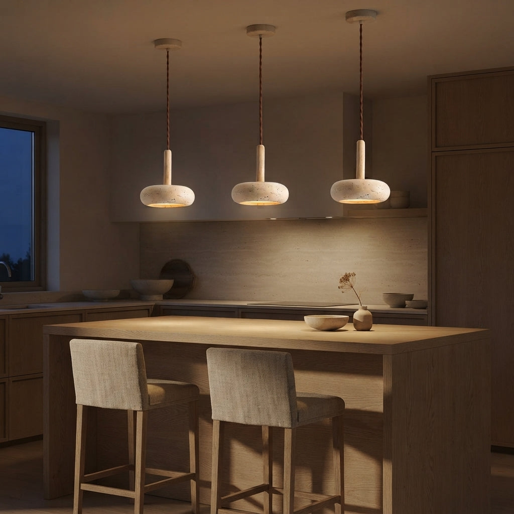 Suspension en travertin style wabi-sabi soucoupe Disque – mise en situation (visuel d’ambiance)