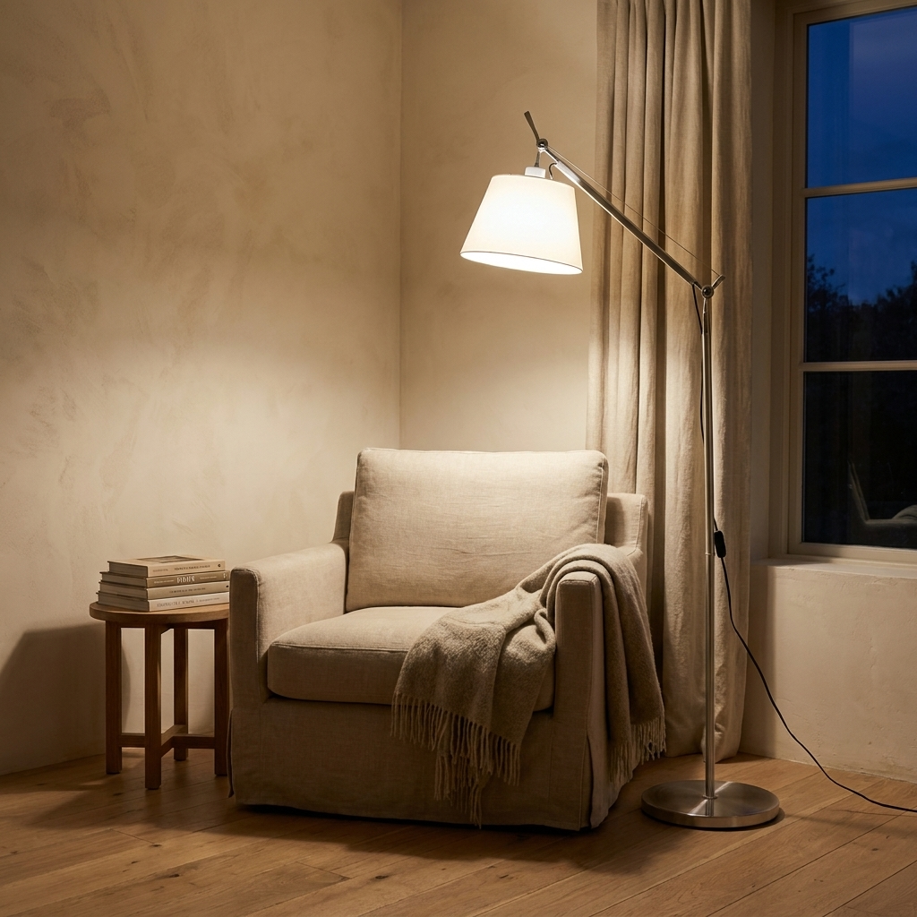 Lampadaire orientable articulé abat-jour blanc Équerre – mise en situation (visuel d’ambiance)