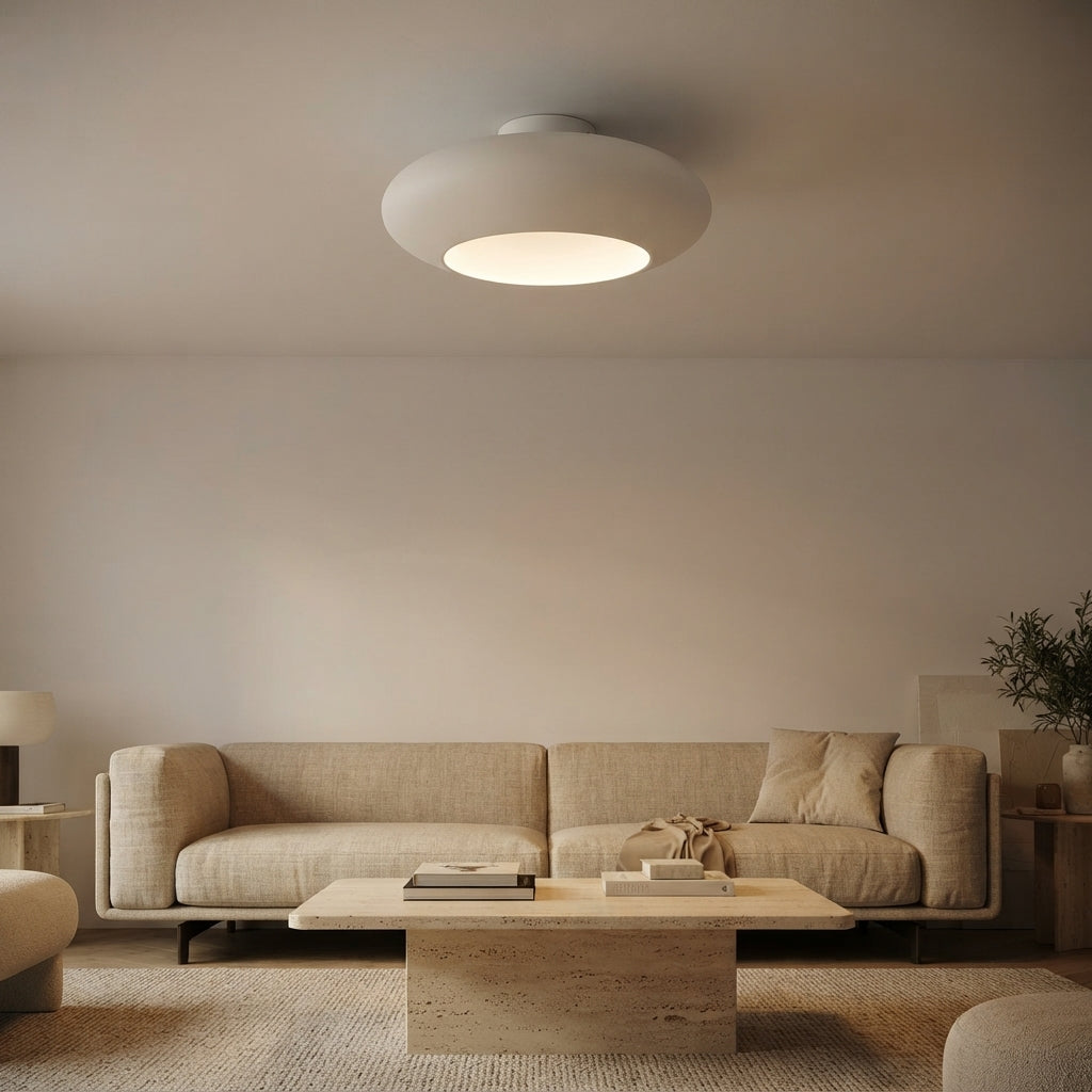 Plafonnier soucoupe en aluminium blanc Nadi – mise en situation (visuel d’ambiance)
