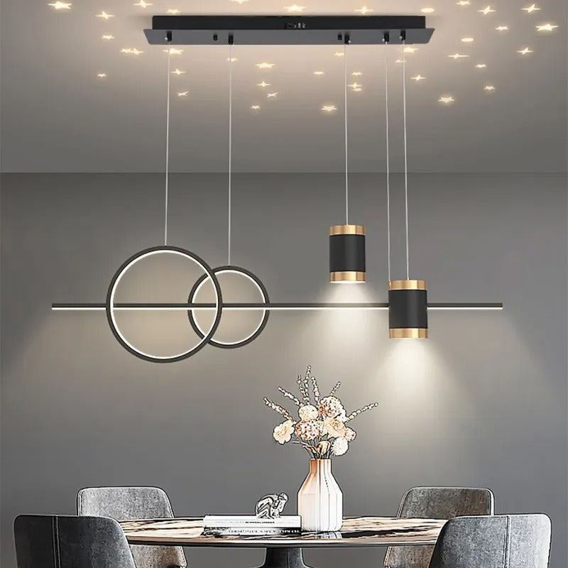 Lustre anneaux dorés croisés et cylindres noirs Sarabande