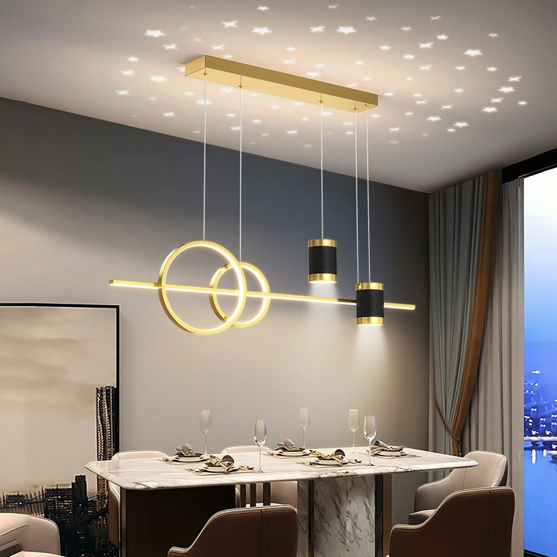 Lustre LED noir à anneaux et barre centrale Météore