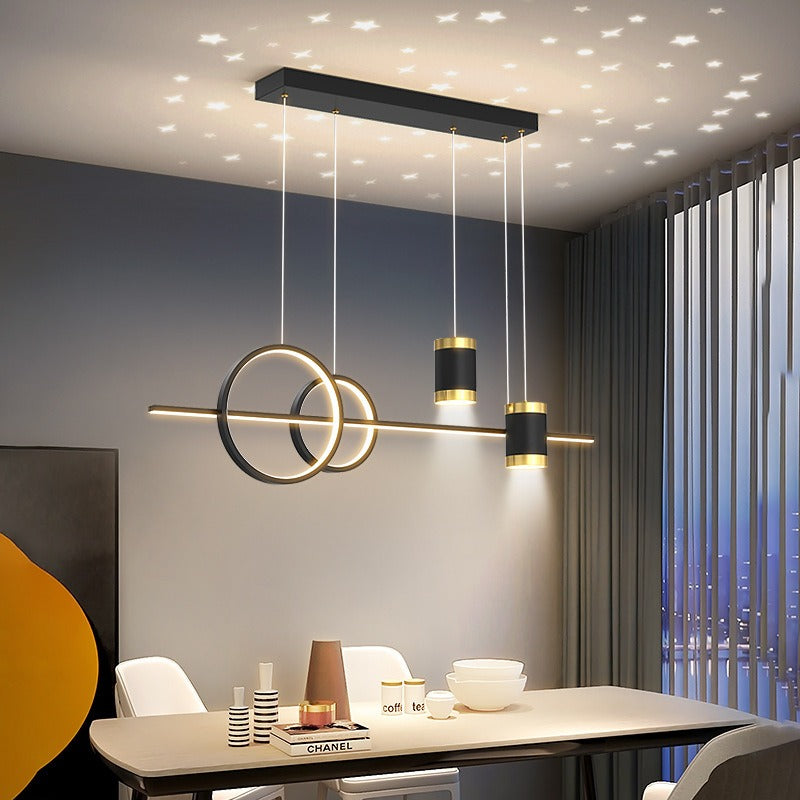Lustre LED noir à anneaux et barre centrale Météore, finition noire