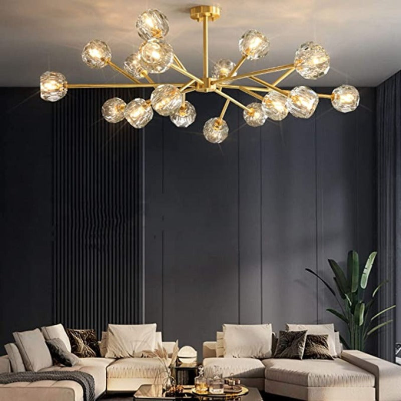 Lustre branches dorées et globes en cristal Rameau, finition dorée – vue 5