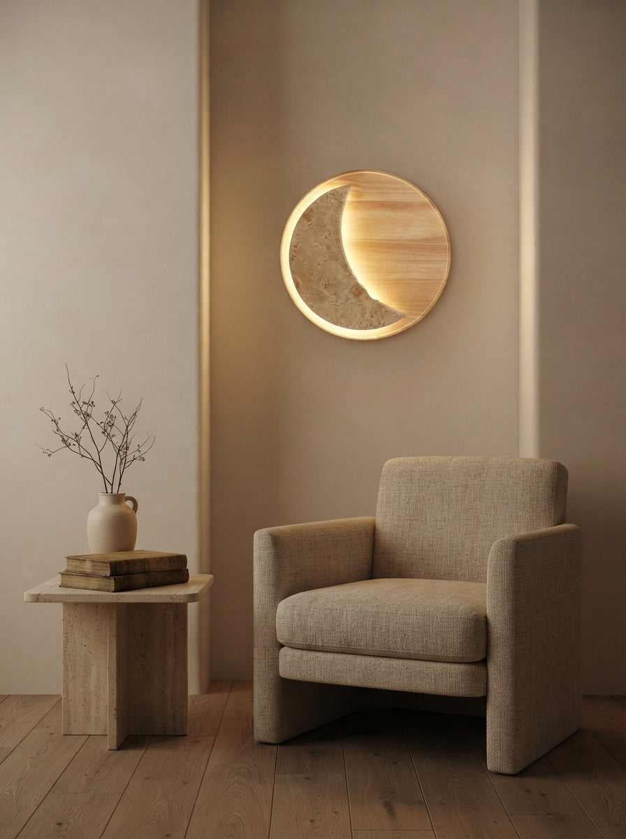 Applique murale ronde à décor de lune dans un coin lecture