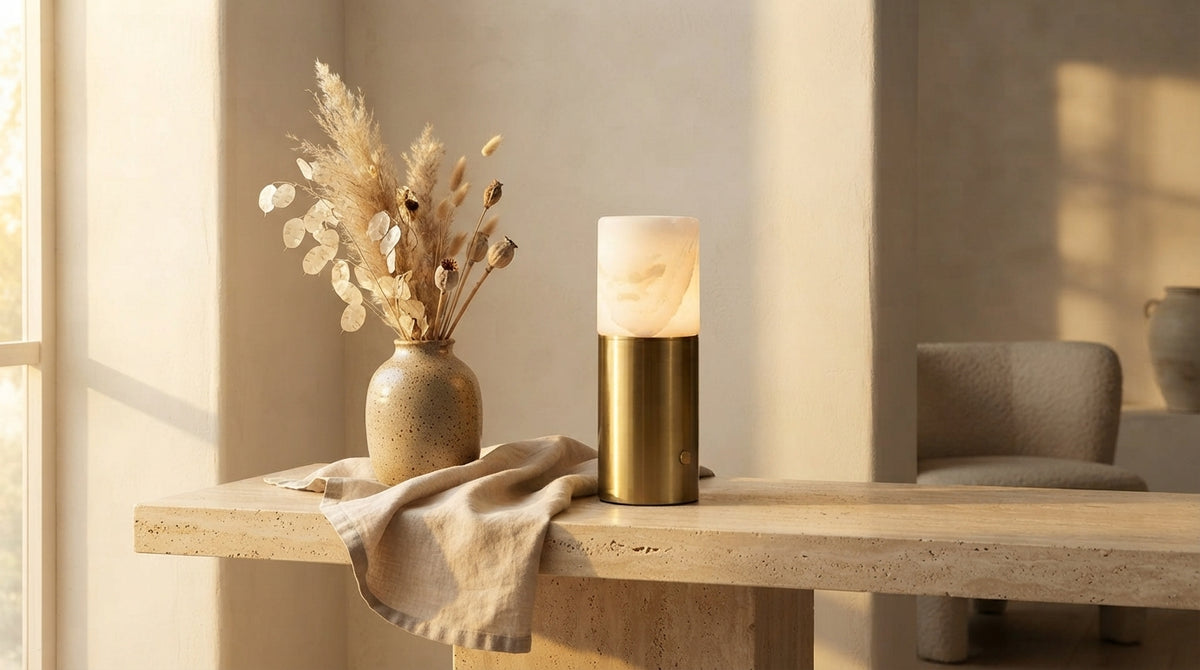 Lampe en albâtre et laiton sur une console en travertin, en fin d'après-midi