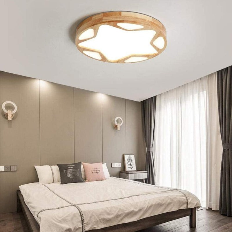 Plafonnier rond finition bois naturel motif étoile Sirius