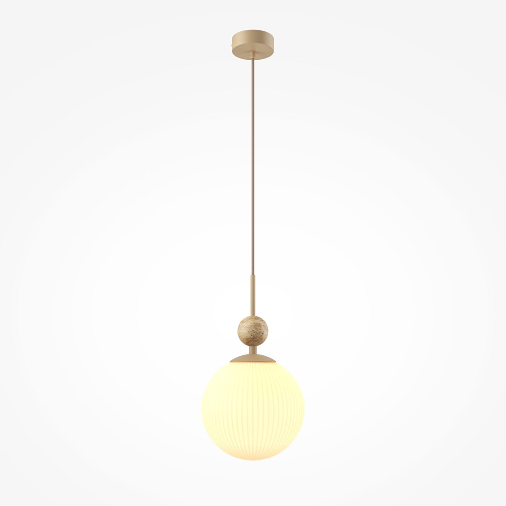 Suspension globe strié et tige aspect bois Vanille