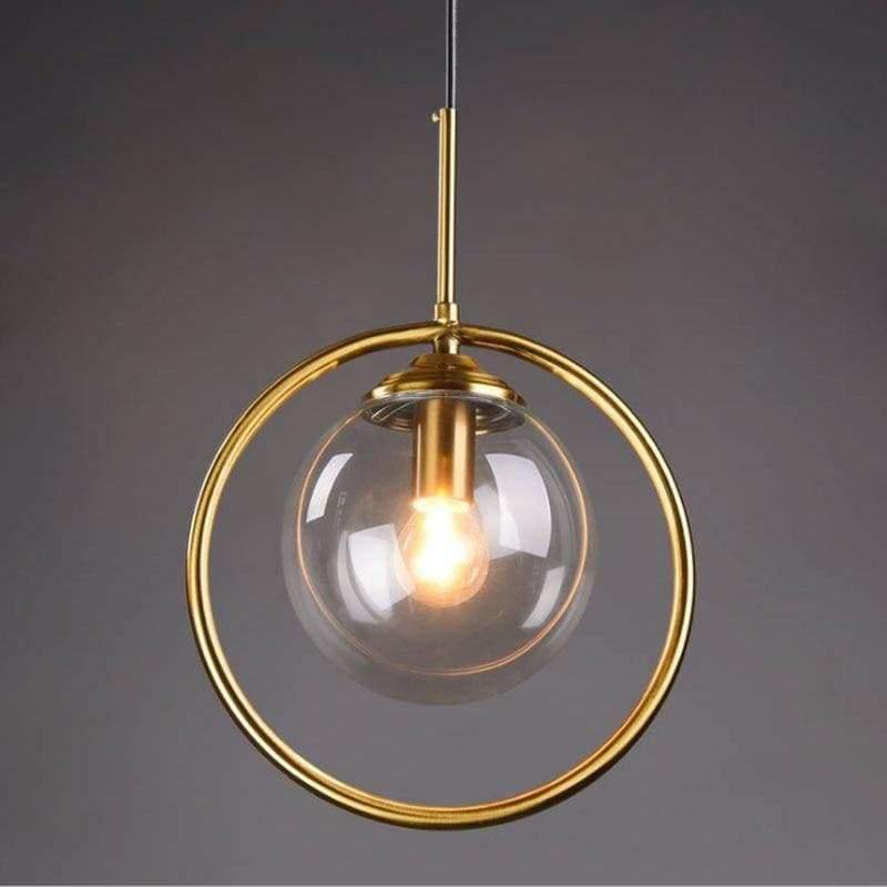 Suspension sphère en verre fumé cerclée d'un anneau doré Saturne, finition dorée – vue 4