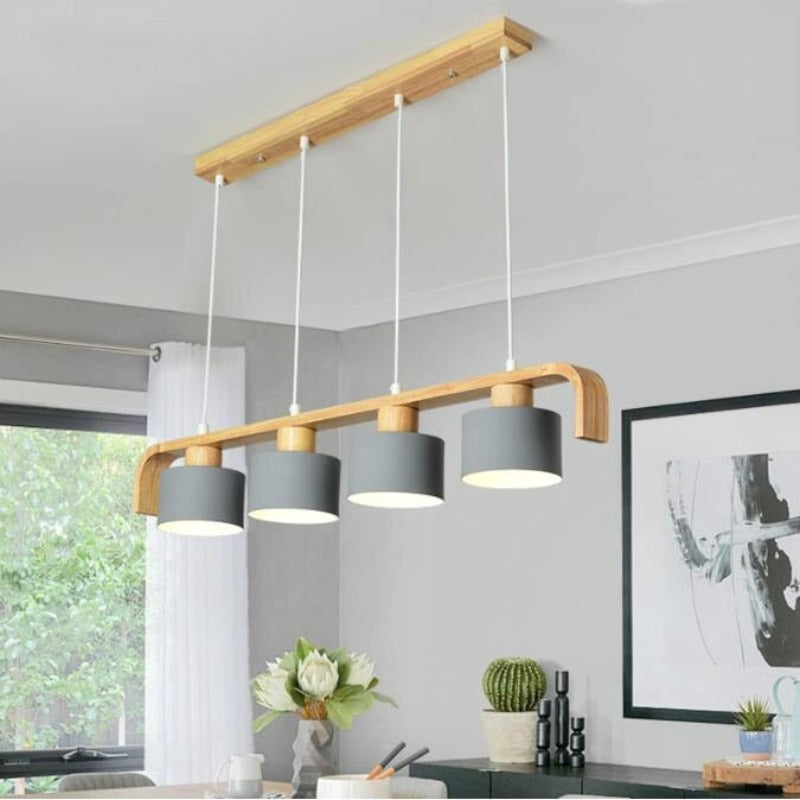 Suspension barre finition bois et cylindres blancs Tablée, finition grise