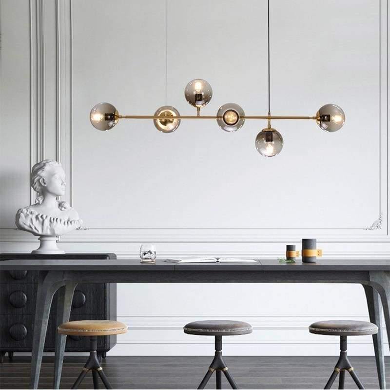Suspension six globes en verre fumé sur bras dorés Vapeur, finition dorée