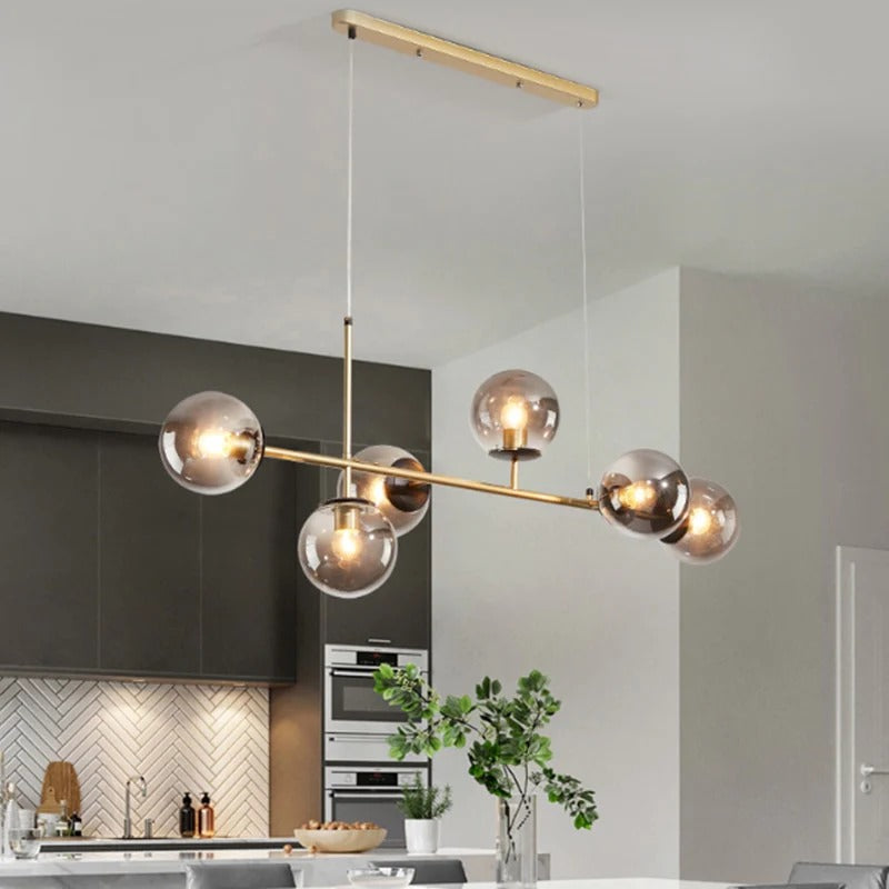 Suspension six globes en verre fumé sur bras dorés Vapeur