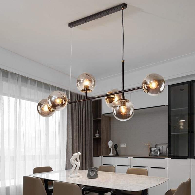 Suspension six globes en verre fumé sur bras dorés Vapeur, finition noire